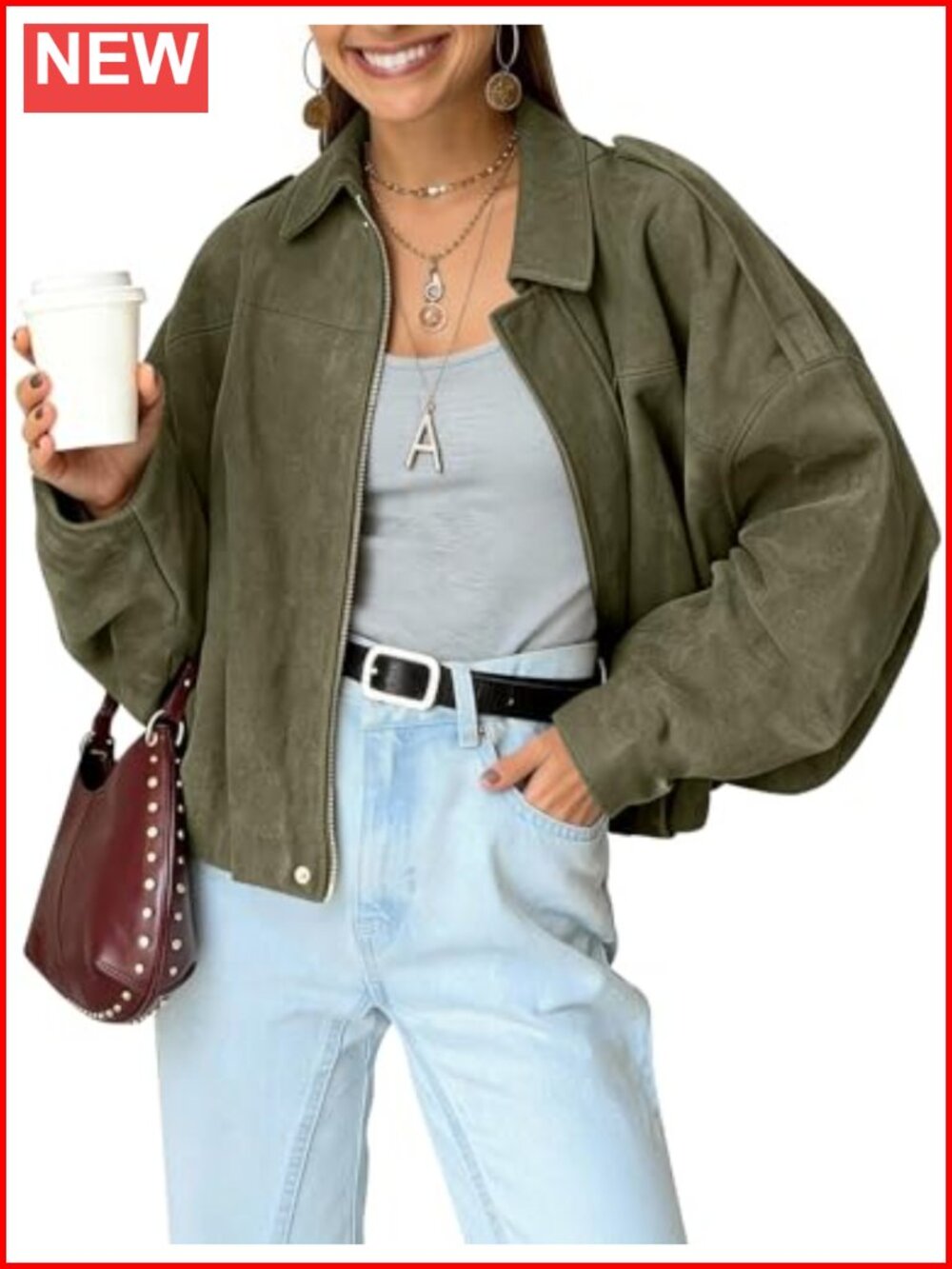 Womens Faux Suede Bomber Jacket Oversized Long Sleeve